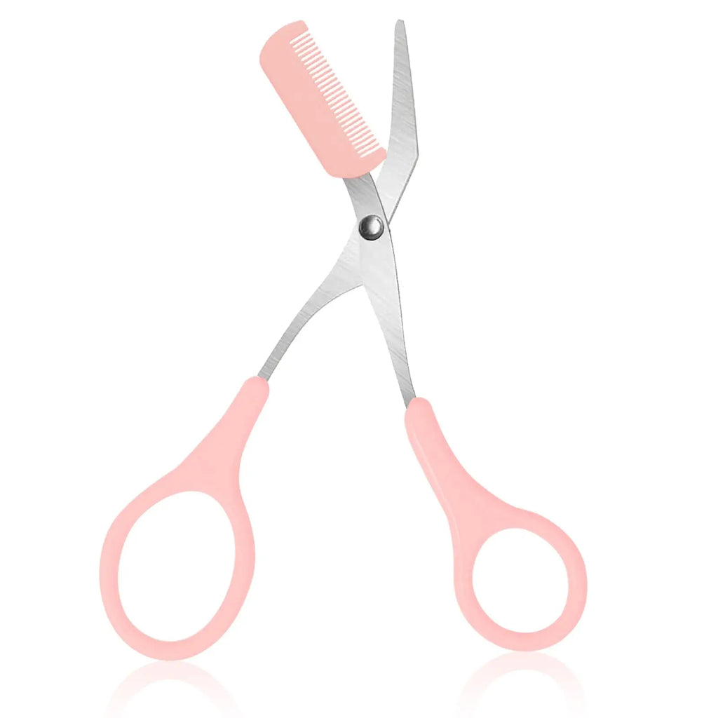 Pink eyebrow trimming scissors with built-in comb - stainless steel, precise grooming tool, creating perfect eyebrows